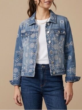 Laura‎ Summer Embroidered Eyelet Denim Jean Jacket Women’s Size 10 Medium Large